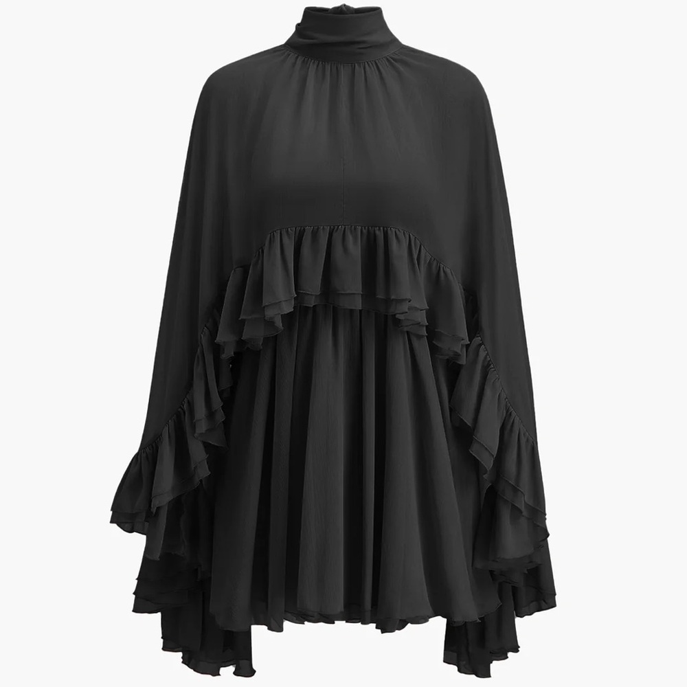 Semi-Sheer Chiffon Ruffle Dress With Outer Cape Semi-Sheer